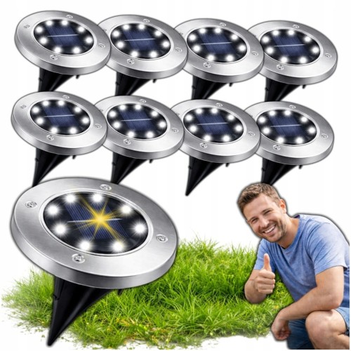 LAMPKI SOLARNE OGRODOWE LAMPY LED DYSKI GRUNTOWE WBIJANE NAJAZDOWE 8 SZTUK