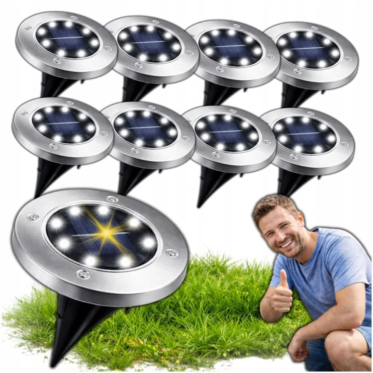 LAMPKI SOLARNE OGRODOWE LAMPY LED DYSKI GRUNTOWE WBIJANE NAJAZDOWE 8 SZTUK