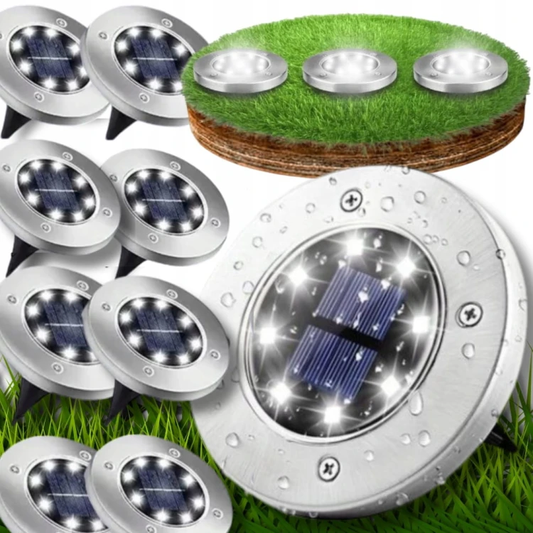 LAMPKI SOLARNE OGRODOWE LAMPY LED DYSKI GRUNTOWE WBIJANE NAJAZDOWE 8 SZTUK