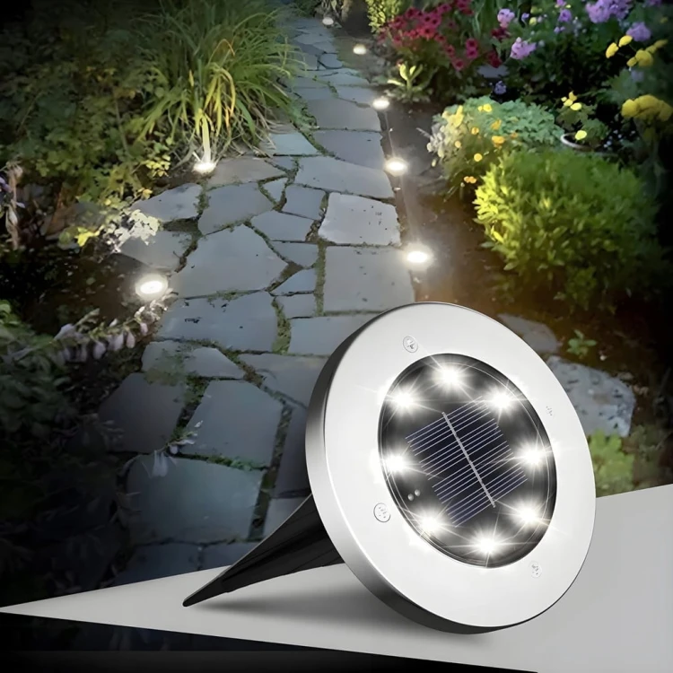 LAMPKI SOLARNE OGRODOWE LAMPY LED DYSKI GRUNTOWE WBIJANE NAJAZDOWE 8 SZTUK