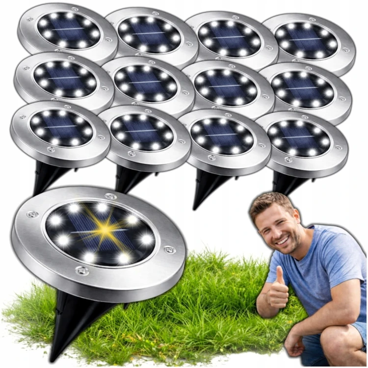 LAMPKI SOLARNE OGRODOWE LAMPY LED DYSKI GRUNTOWE WBIJANE NAJAZDOWE 12 SZTUK