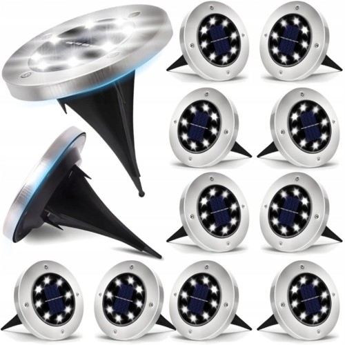 LAMPKI SOLARNE OGRODOWE LAMPY LED DYSKI GRUNTOWE WBIJANE NAJAZDOWE 12 SZTUK