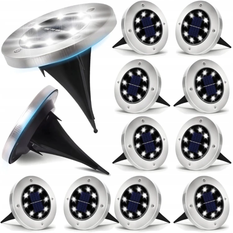 LAMPKI SOLARNE OGRODOWE LAMPY LED DYSKI GRUNTOWE WBIJANE NAJAZDOWE 12 SZTUK