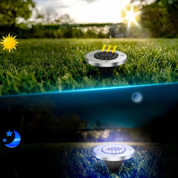 LAMPKI SOLARNE OGRODOWE LAMPY LED DYSKI GRUNTOWE WBIJANE NAJAZDOWE 12 SZTUK