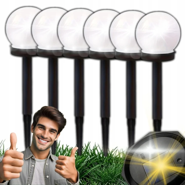 6x KULA SOLARNA LAMPA LED OGRODOWA WBIJANA BIAŁA 36 CM KULE OGRODOWE LAMPKI