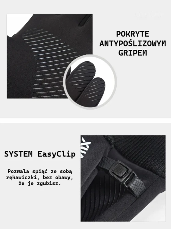 RĘKAWICZKI ZIMOWE DOTYKOWE SPORTOWE DO BIEGANIA OCIEPLANE WODOODPORNE BLACK