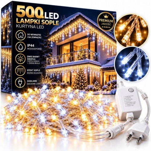 SOPLE 500 LED KURTYNA ŚWIETLNA LAMPKI ZEWNĘTRZNE FLASH Białe Ciepłe 25 M