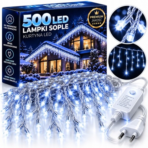 SOPLE 500 LED KURTYNA ŚWIETLNA LAMPKI ZEWNĘTRZNE IP44 FLASH Białe Zimne 25M