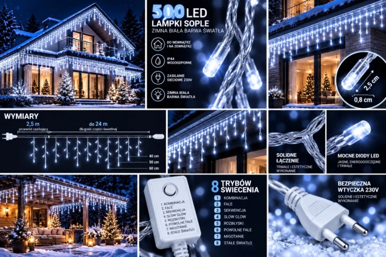 SOPLE 500 LED KURTYNA ŚWIETLNA LAMPKI ZEWNĘTRZNE IP44 FLASH Białe Zimne 25M