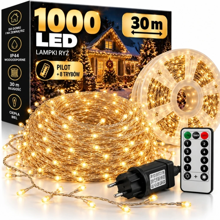 LAMPKI CHOINKOWE GIRLANDA CLUSTER RYŻ 1000 LED 30 M ŚWIĄTECZNE BIAŁE CIEPŁE