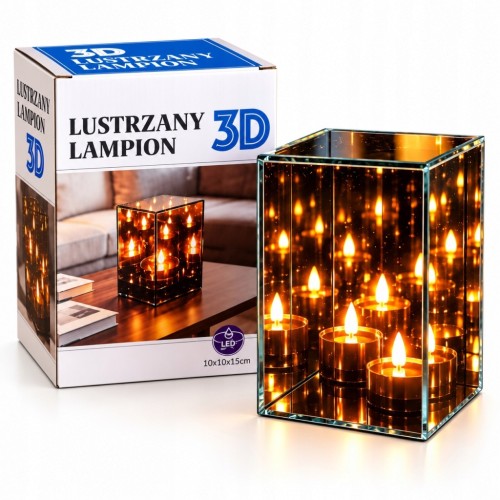 ELEGANCKI ZNICZ LAMPION 3D LED SZKLANY LUSTRZANY EFEKT ODBICIA ŚWIECZKA XL