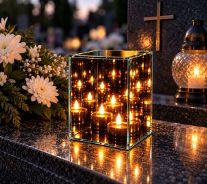 ELEGANCKI ZNICZ LAMPION 3D LED SZKLANY LUSTRZANY EFEKT ODBICIA ŚWIECZKA XL