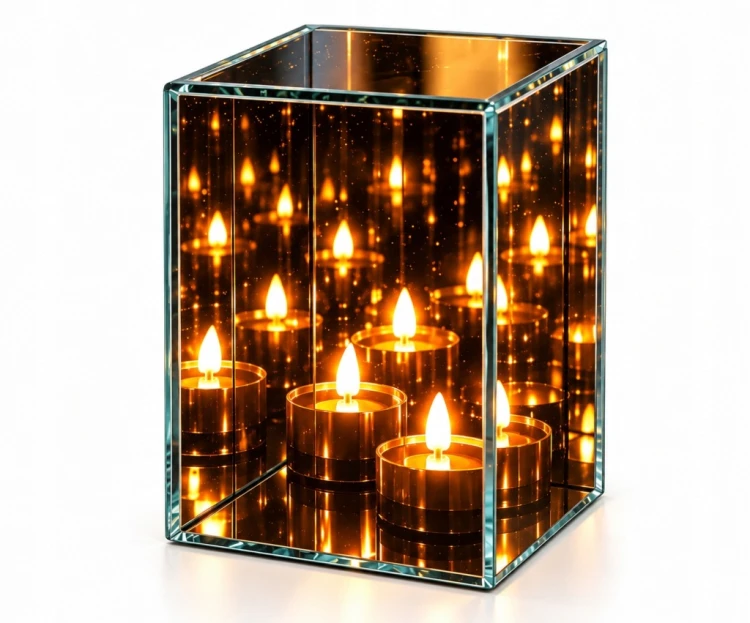 ELEGANCKI ZNICZ LAMPION 3D LED SZKLANY LUSTRZANY EFEKT ODBICIA ŚWIECZKA XL