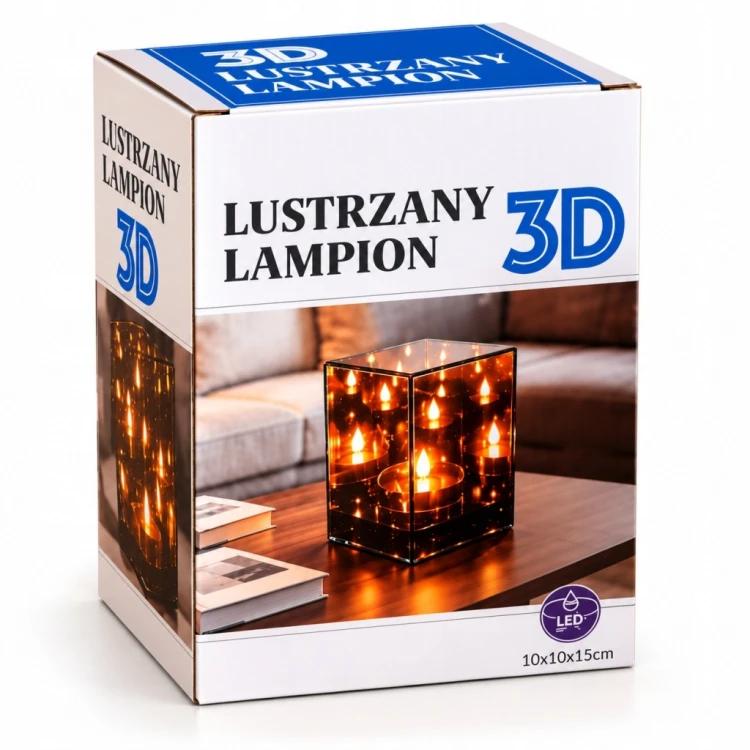 ELEGANCKI ZNICZ LAMPION 3D LED SZKLANY LUSTRZANY EFEKT ODBICIA ŚWIECZKA XL