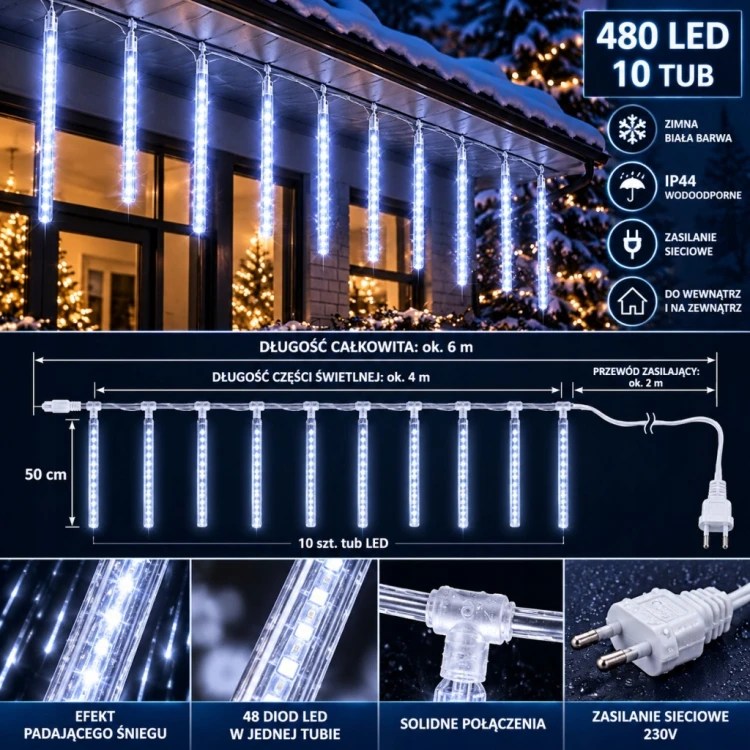 LAMPKI ZEWNĘTRZNE SOPLE LED 480 50 CM x 10 PADAJĄCY ŚNIEG METEORY KURTYNA