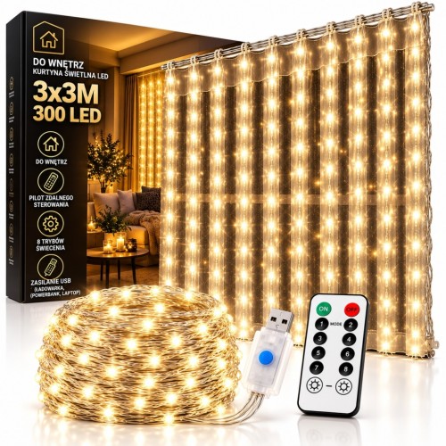 KURTYNA ŚWIETLNA LAMPKI NA DRUCIKU GIRLANDA BIAŁE CIEPŁE 300 LED 3x3 METRY