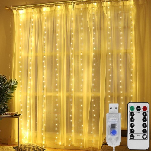 KURTYNA ŚWIETLNA LAMPKI NA DRUCIKU GIRLANDA BIAŁE CIEPŁE 300 LED 3x3 METRY
