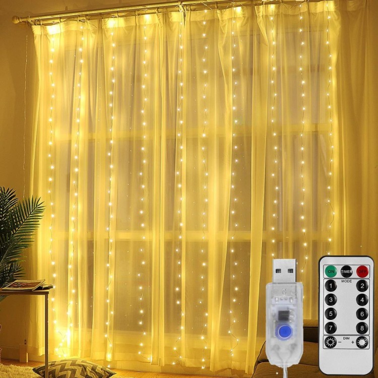 KURTYNA ŚWIETLNA LAMPKI NA DRUCIKU GIRLANDA BIAŁE CIEPŁE 300 LED 3x3 METRY