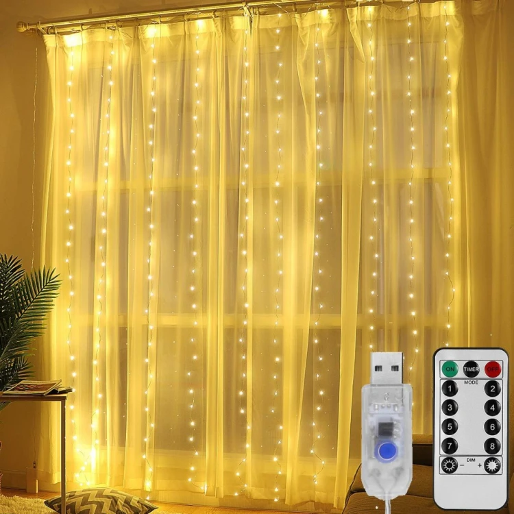 KURTYNA ŚWIETLNA LAMPKI NA DRUCIKU GIRLANDA BIAŁE CIEPŁE 300 LED 3x3 METRY