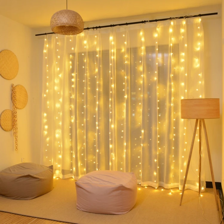 KURTYNA ŚWIETLNA LAMPKI NA DRUCIKU GIRLANDA BIAŁE CIEPŁE 300 LED 3x3 METRY
