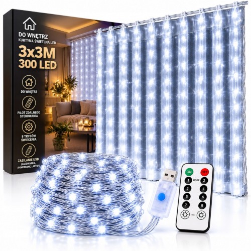 KURTYNA ŚWIETLNA NA OKNO 300 LED 3x3 LAMPKI ŚWIĄTECZNE CHOINKOWE GIRLANDA